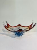 Large Moreno glass ‘splash’ fruit bowl, of vivid blues and reds. 38 x 30 cms. Height 19 cms.