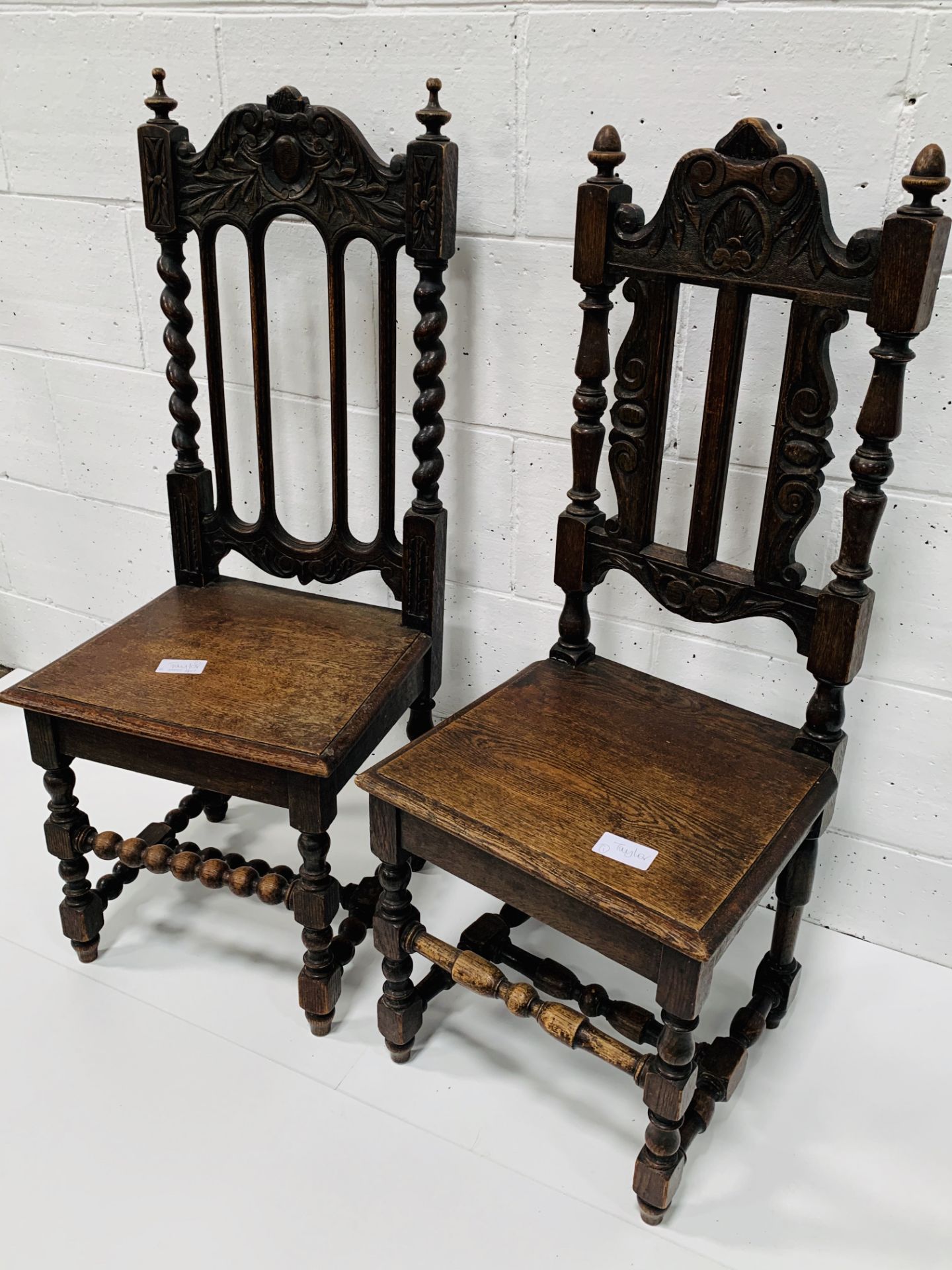Two antique oak hall chairs and an oaked framed screen. - Image 2 of 3