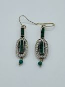 Art deco style yellow and white metal, emerald and diamond drop earrings.