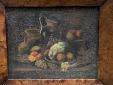 Walnut framed small oil on board still life fruit and flagons, attributed to G W Truper