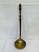 Brass and copper long handled bed warming pan.