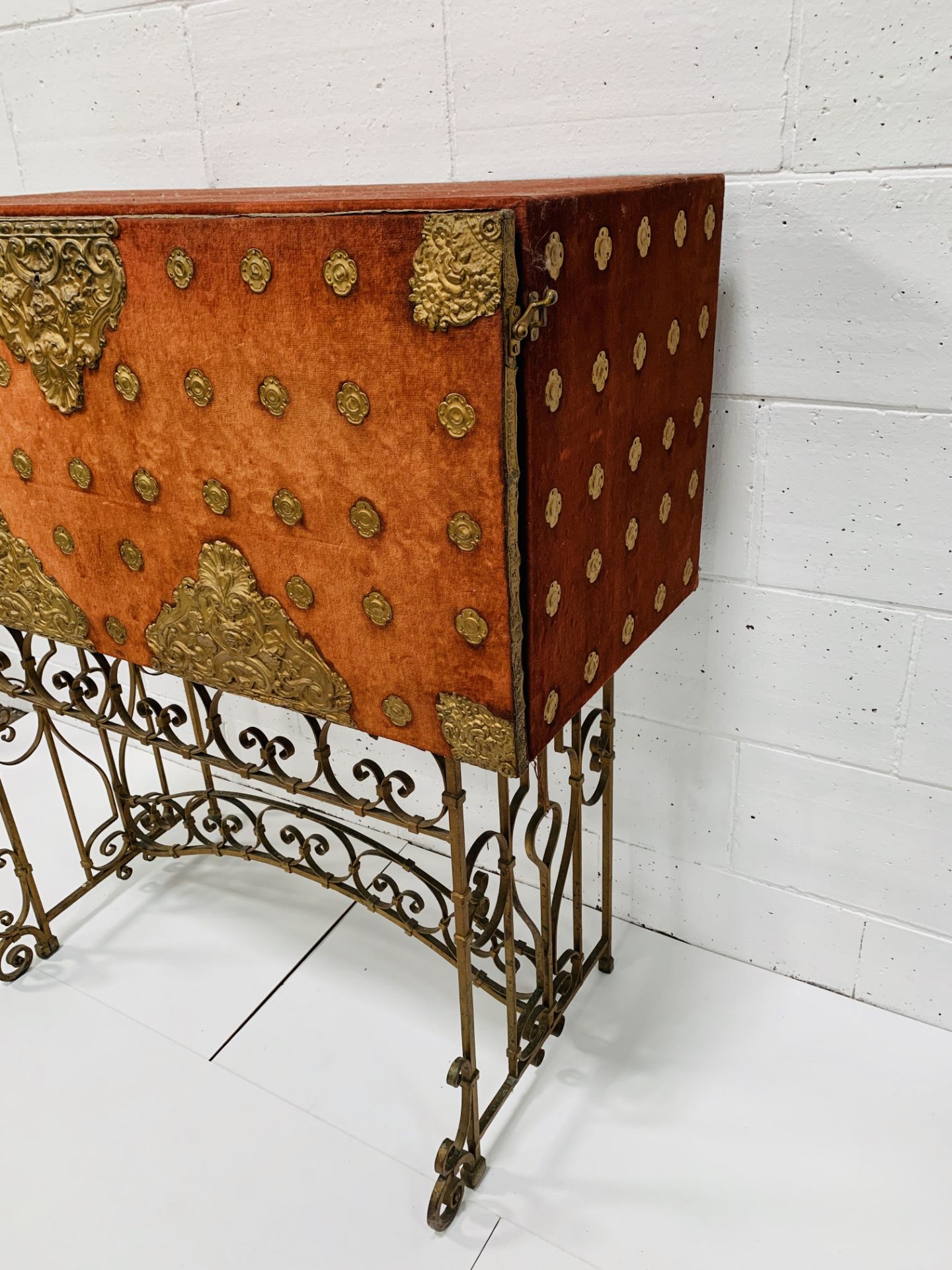 Spanish burnt orange velvet decorated cabinet on wrought iron stand. - Image 3 of 4