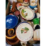 Box of vintage Torquay pottery ‘Motto’ ware; vases, pots, mugs.