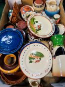 Box of vintage Torquay pottery ‘Motto’ ware; vases, pots, mugs.