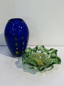 Murano millefiori cobalt blue vase and Murano bonbon dish.