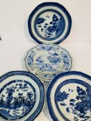 2 blue and white willow pattern octagonal bowls, diameter 24 cms; and other blue glazed items