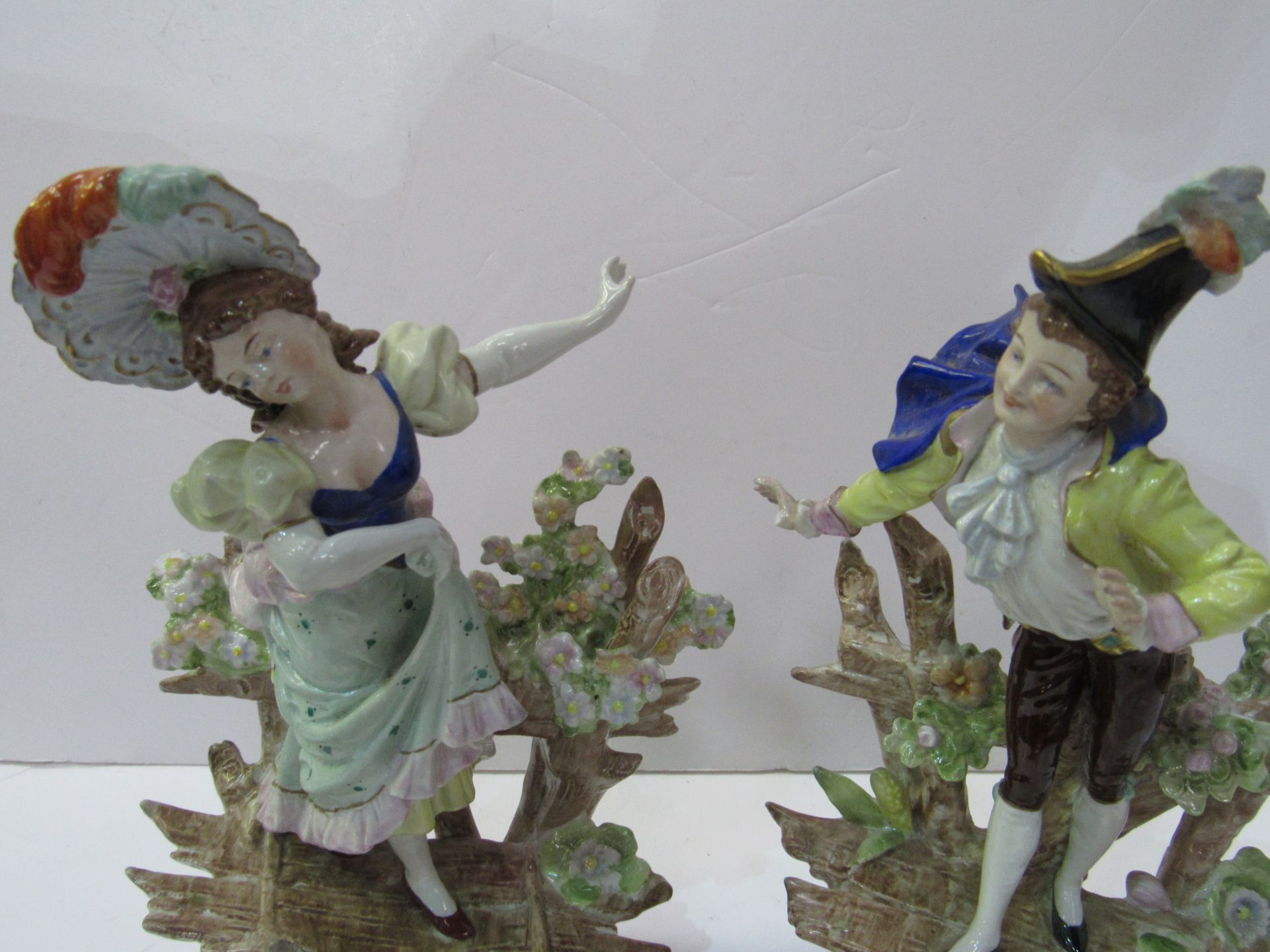 Pair of Scheibe-Alsbach figurines of a girl standing on a bench and boy standing on a bench. - Image 2 of 5