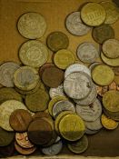 Box of silver and gold plated rings together with a group of old foreign coins