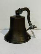 6 inch solid bronze bell, on wall mount, original clapper, chain pull.