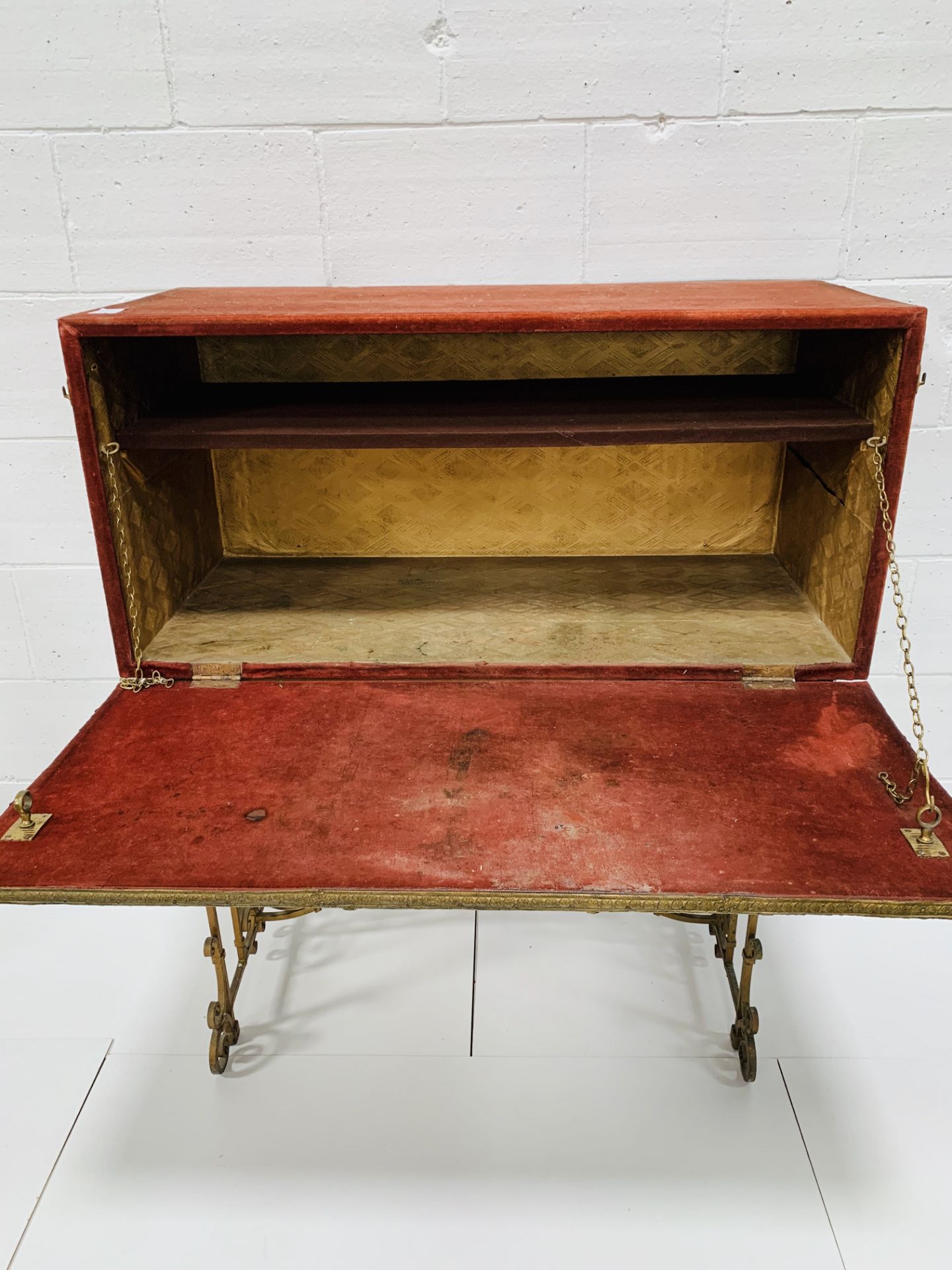 Spanish burnt orange velvet decorated cabinet on wrought iron stand. - Image 4 of 4