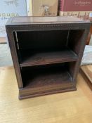 Mahogany decorative small two shelf unit, together with a mahogany framed stool with rail to back an