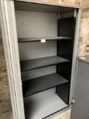 Metal tambour fronted cabinet, with interior shelves. 106 x 50 x 180cms.