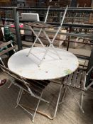 Circular metal garden table diameter 97cms together with 4 wooden slatted chairs.