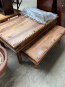 Metal bound hard wood coffee table with under table. 111 x 60 x 47cms.