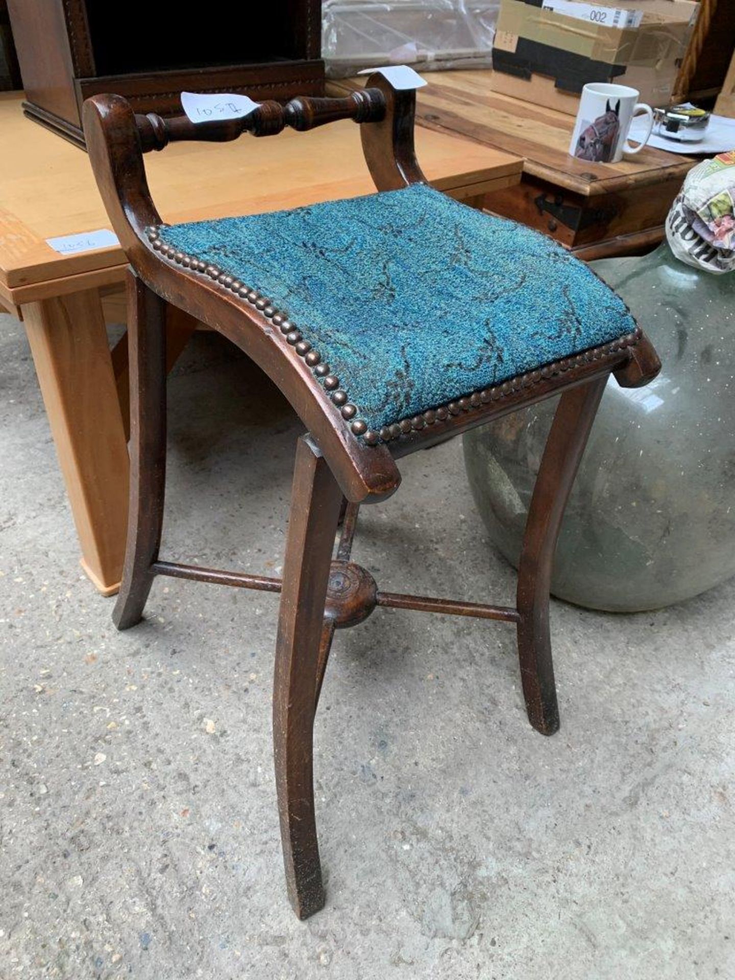 Mahogany decorative small two shelf unit, together with a mahogany framed stool with rail to back an - Image 2 of 2