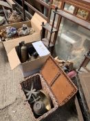 A pen of assorted vintage items including metal ware, kitchen scales, stone ware, animal transit box