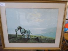 Framed and glazed picture entitled Ploughing on the Downs, by Coulson; image measures 51cms x 71cms