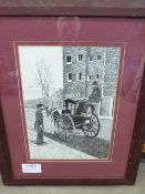 Ink sketch of a Hansom Cab by Adrian Davies, measures 34cms x 26cms