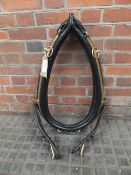 Black leather English driving collar with brass hames, size 22ins x 11ins. In good used condition