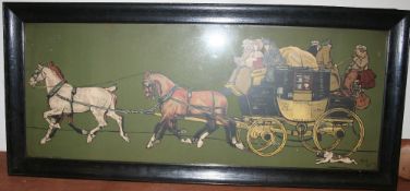 Framed picture of the London to Liverpool Coach by Cecil Aldin, measures 78cms x 35cms