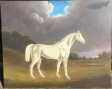 Unframed oil on canvas of a white horse, signed N Dowling '09, 61 x 76 cms.