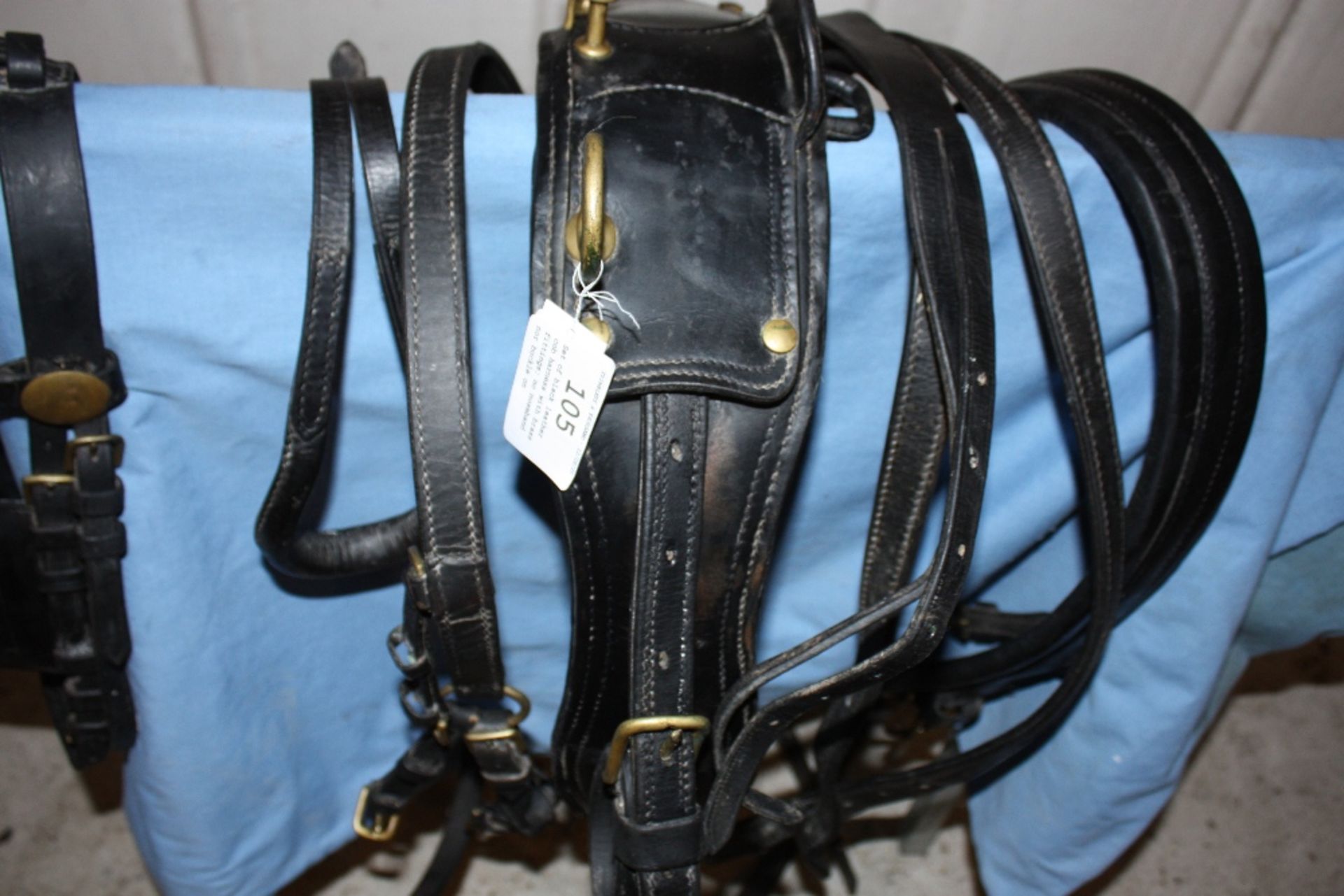 Set of black leather cob harness with brass fittings; no noseband nor buckle on breastplate