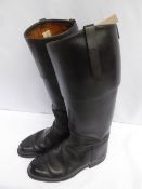 Pair of long black riding boots formerly with mahogany tops, now black, approx. size 10