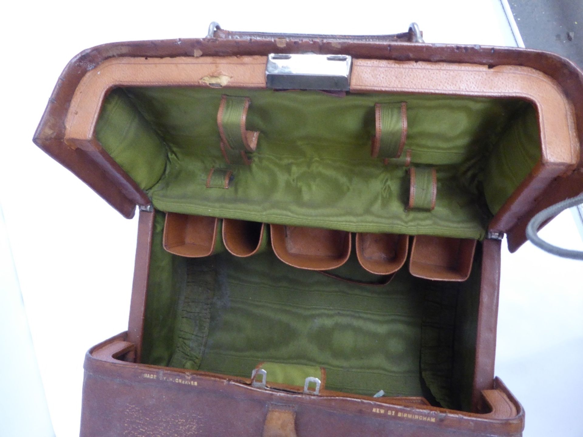 Antique leather travelling case by Greaves of New Street, Birmingham, with green silk-effect lining, - Image 5 of 6