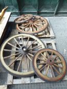 2 pairs of carriage wheels with rubber tyres, diam. 76cms/107cms
