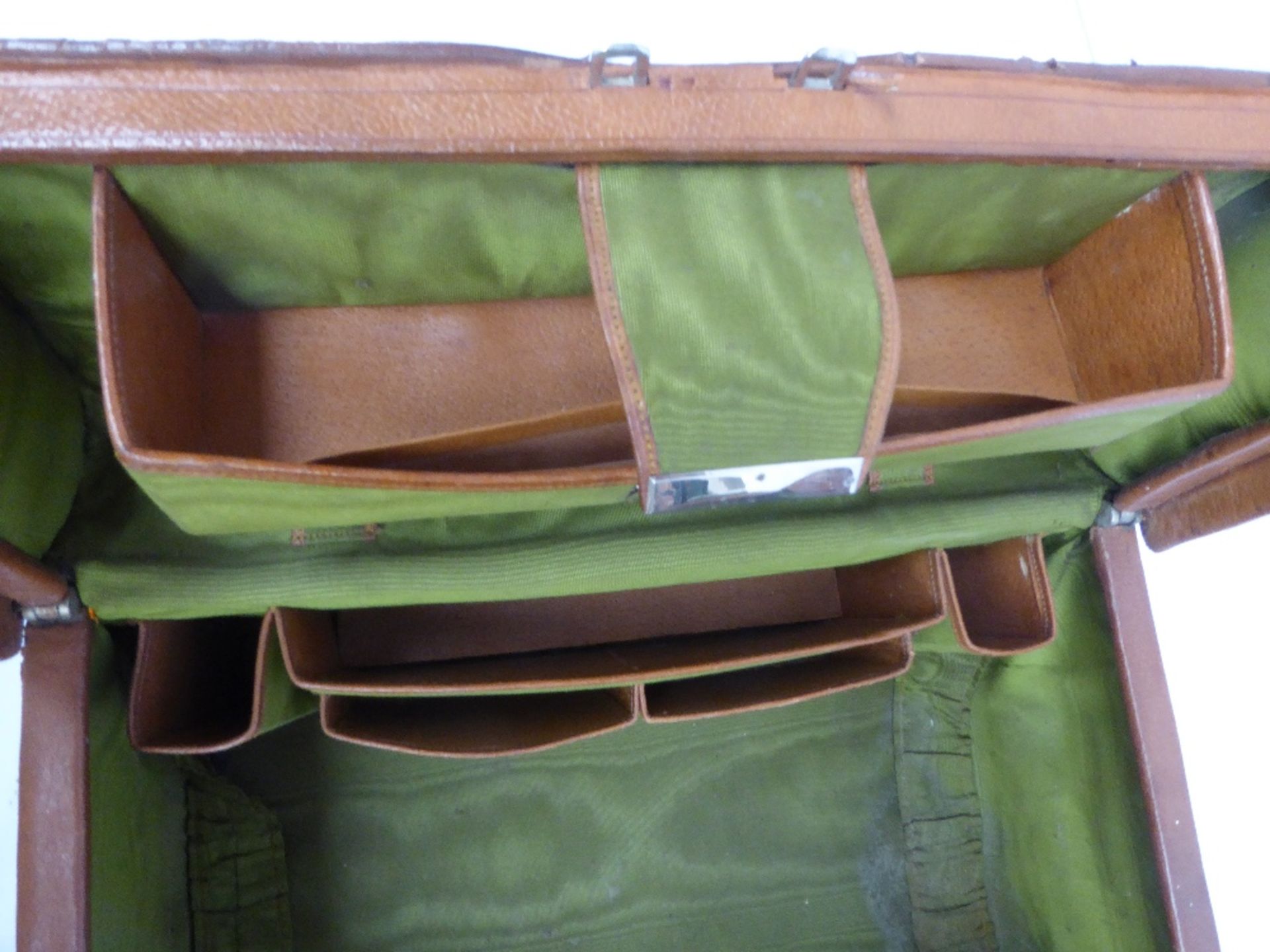 Antique leather travelling case by Greaves of New Street, Birmingham, with green silk-effect lining, - Image 2 of 6