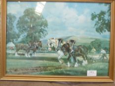 Framed and glazed print of a ploughing match by Wootton, measures 19ins x 27.5ins, and a gilt framed