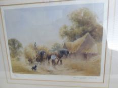 Framed and glazed photograph of a pair of grey Shires and a L/E print of a hay wagon by C Jarvis