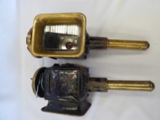 Pair of black/brass carriage lamps with square fronts; crack in one lens - carries VAT