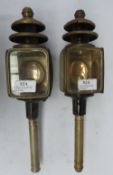 Pair of black carriage lamps with pagoda tops by Marston of Birmingham