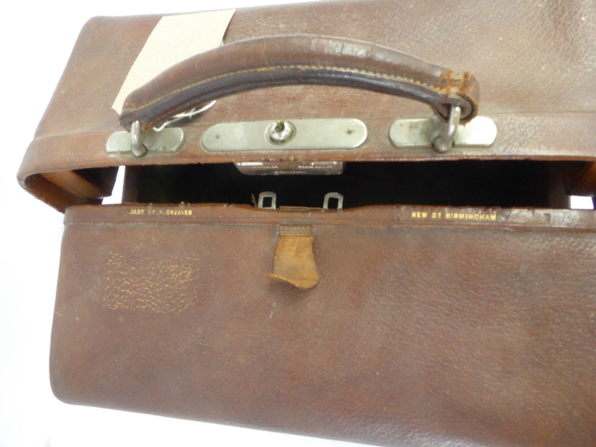 Antique leather travelling case by Greaves of New Street, Birmingham, with green silk-effect lining, - Image 3 of 6