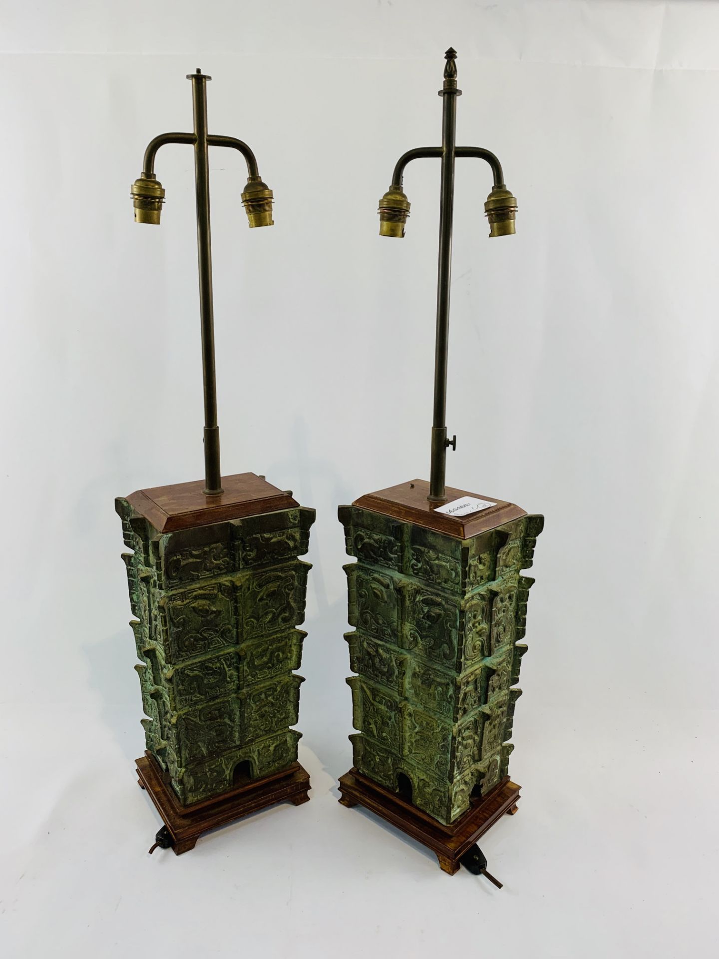 Pair of bronze height adjustable two bulb table lamps together with a small bronze table lamp. - Image 2 of 4