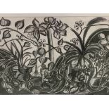 A large silver framed and glazed charcoal drawing of plants signed M Bass, and another