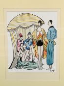 Framed and glazed watercolour of 1920's style bathers, signed M Bass.