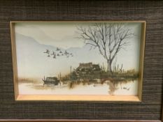 Pair of framed and glazed Thai watercolours signed Rom, plus another Thai painting