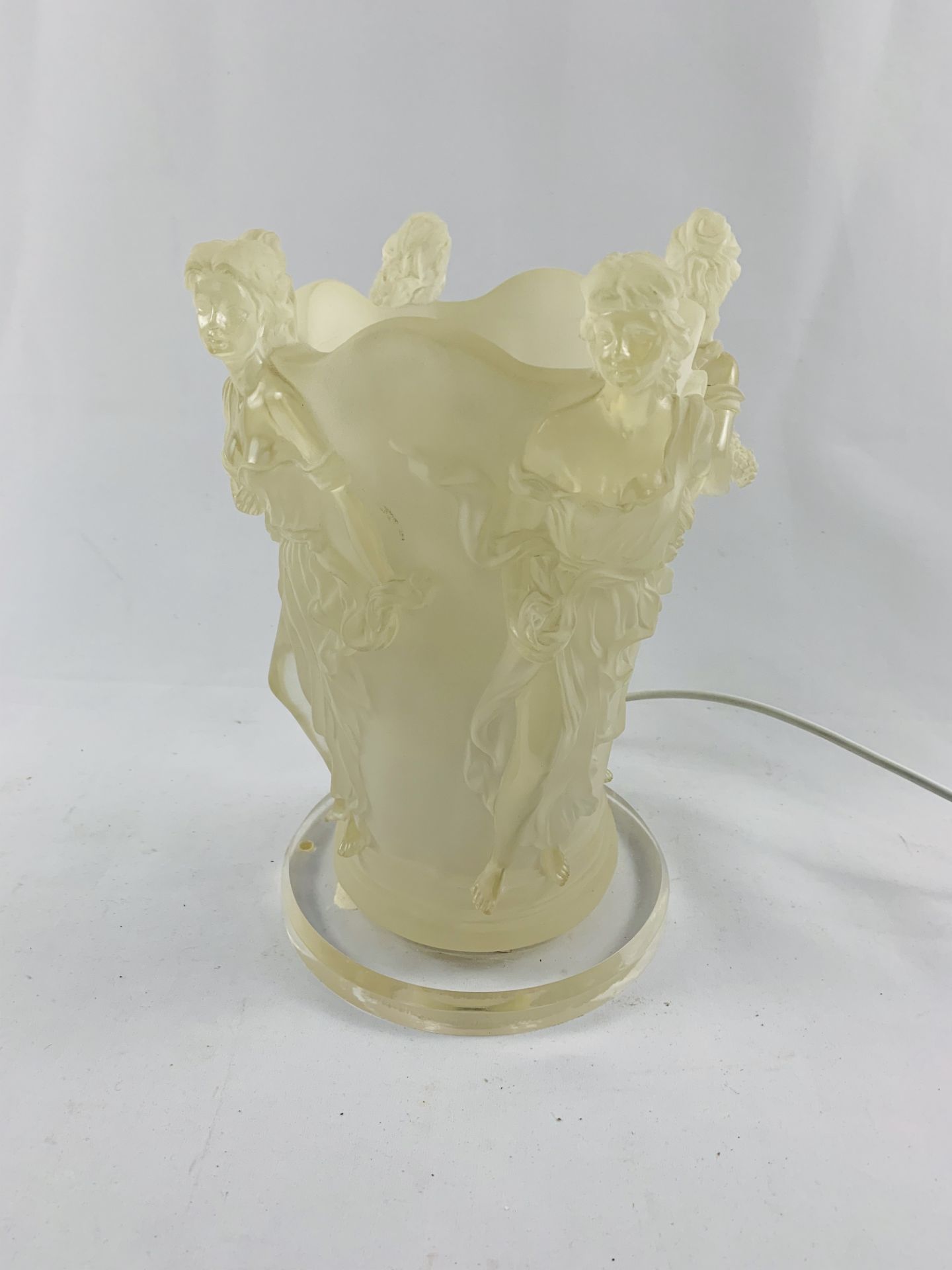 Tall ‘Lalique’ frosted style, four semi clad maidens table lamp on clear base by Widdop Bingham & Co - Image 2 of 2