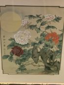 Bamboo framed and glazed Chinese painting on silk of flowers and the sun.