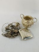 Bag of various silver items including cigarette case, sugar bowl and jewellery