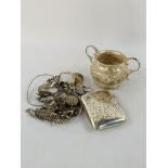 Bag of various silver items including cigarette case, sugar bowl and jewellery