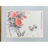 Three framed and glazed Chinese paintings on silk of flowers and chicks.