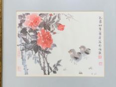 Three framed and glazed Chinese paintings on silk of flowers and chicks.
