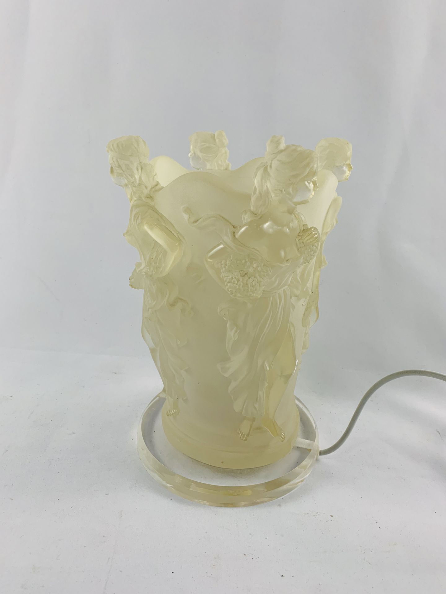 Tall ‘Lalique’ frosted style, four semi clad maidens table lamp on clear base by Widdop Bingham & Co
