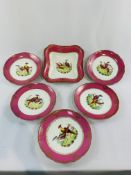6 piece Sevres Fruit bowl set with pink and gold edges and Pheonix birds