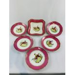 6 piece Sevres Fruit bowl set with pink and gold edges and Pheonix birds