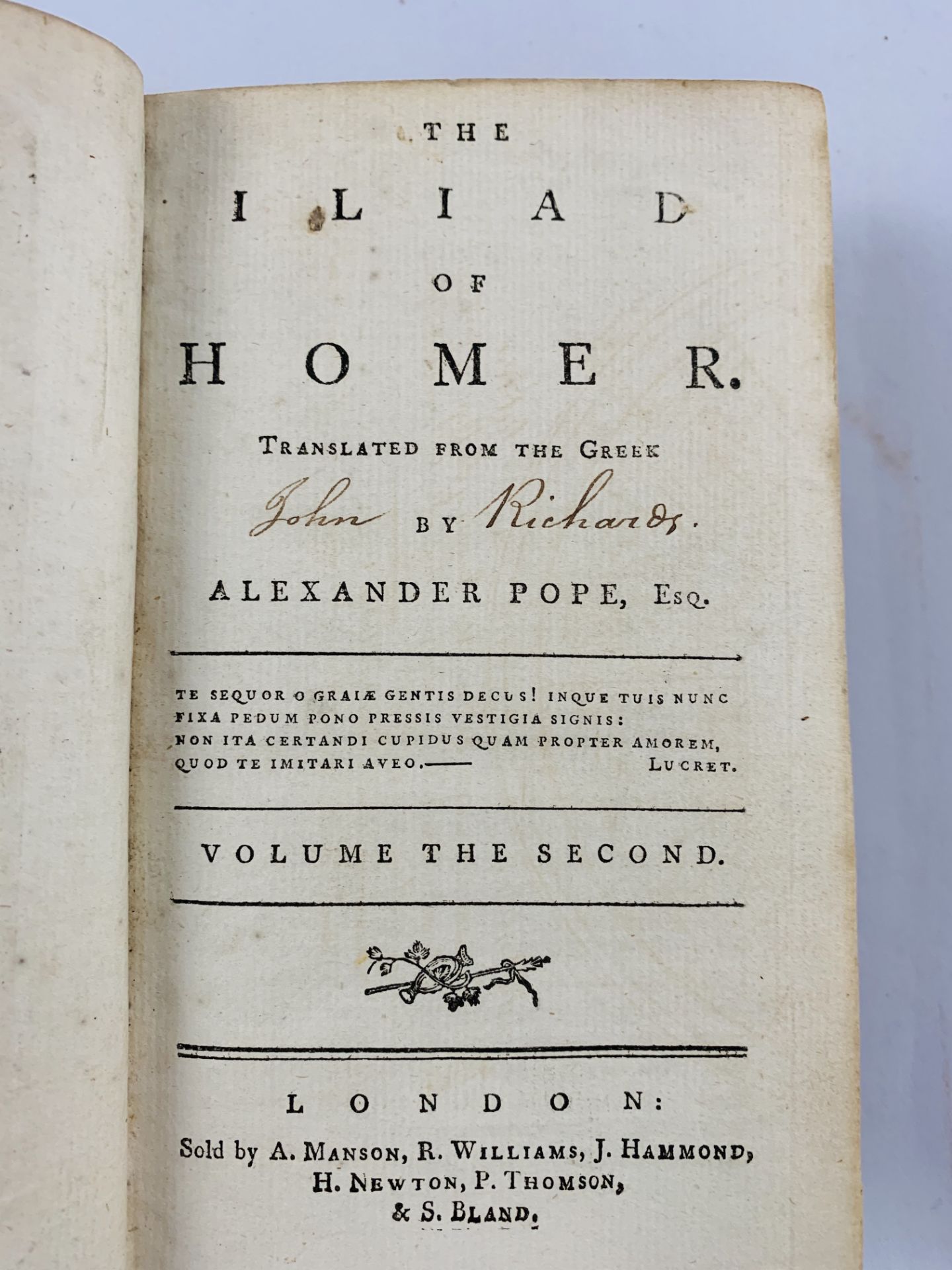 The Iliad of Homer, translated into English verse by A Pope, 2 volumes. Not dated but mid 18th Centu - Image 2 of 3