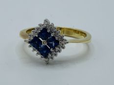 18ct gold, sapphire and diamond ring in square setting, 5.7gms